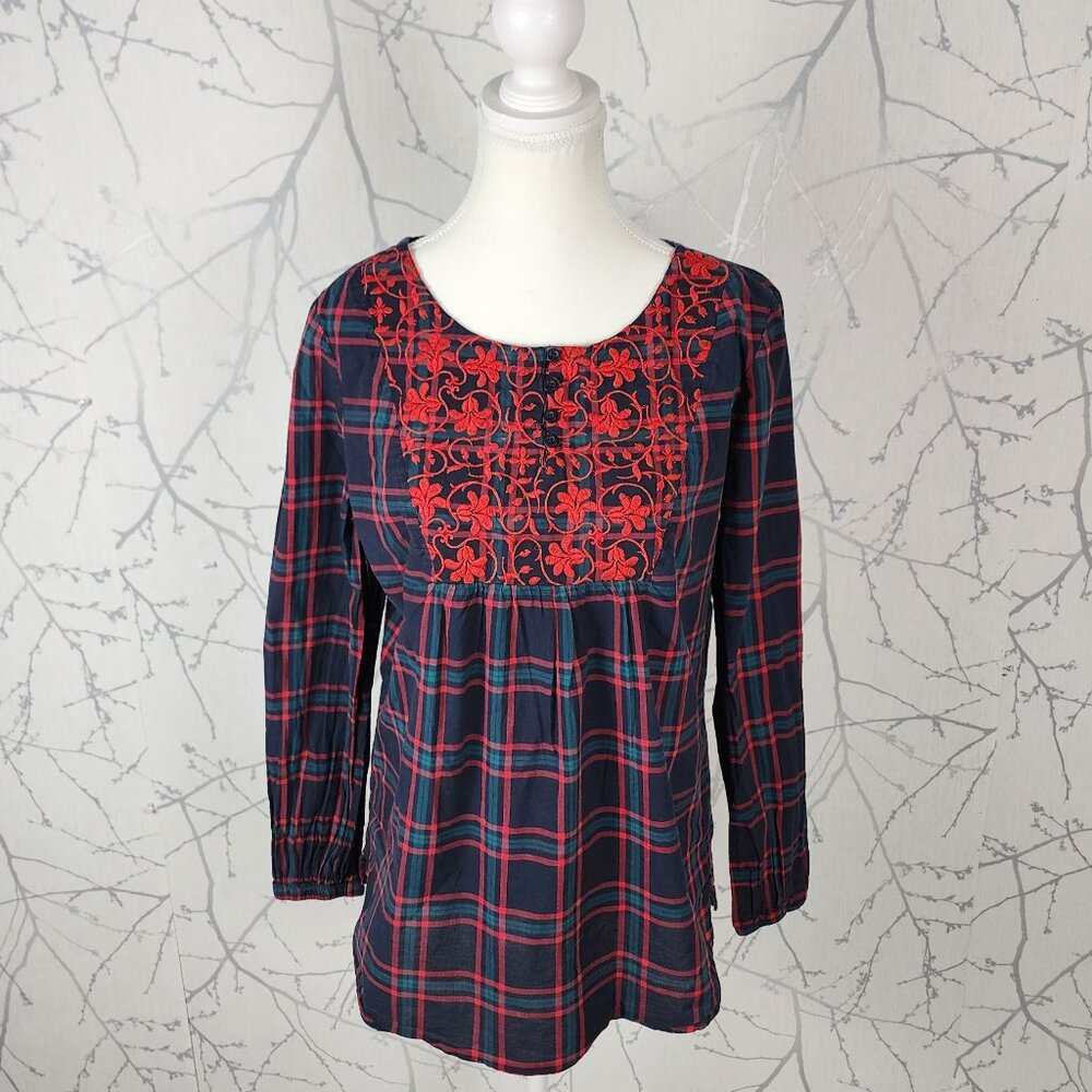 Max Floral Embroidered Plaid 100% Cotton Empire Waist Blouse